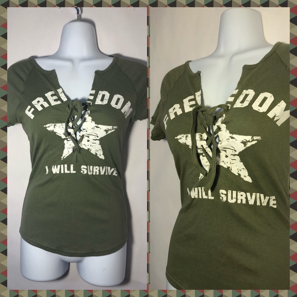 NWT- Green  “I Will Survive” logo lace up neck tee